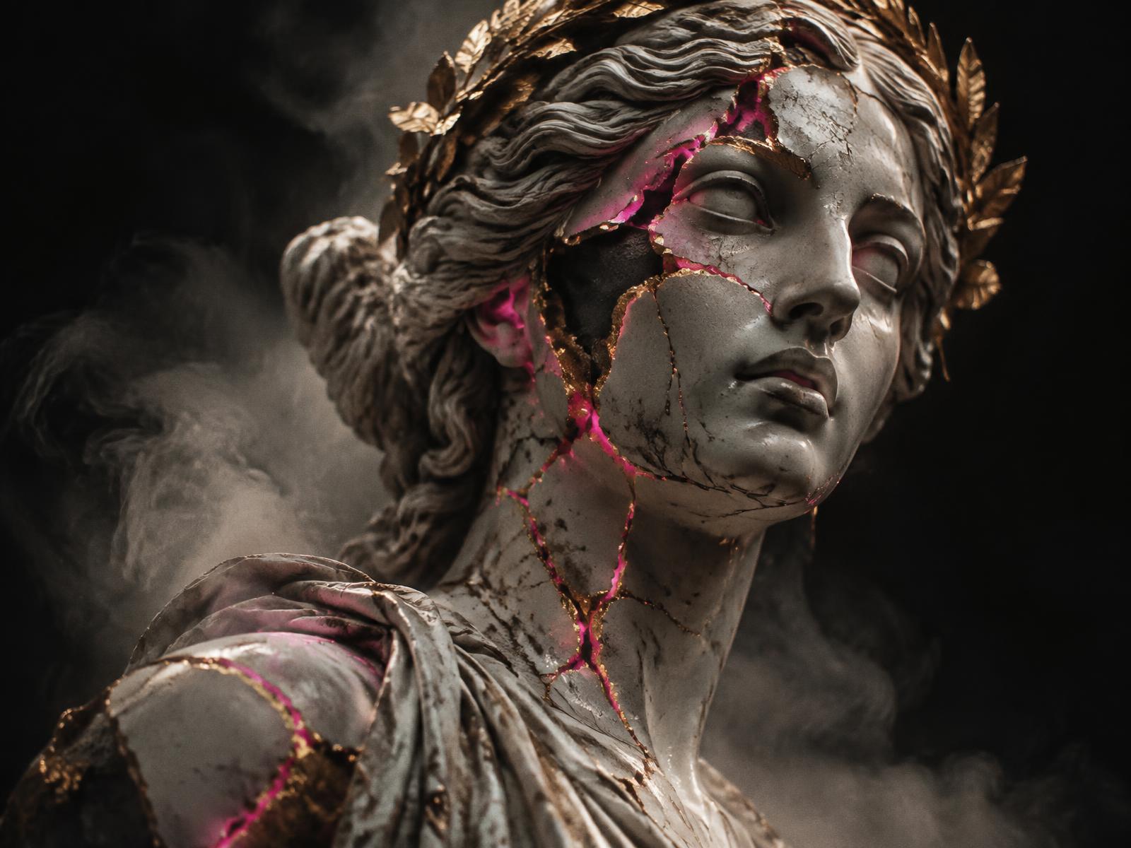 Fractured classical marble bust with gold and magenta fracture lines